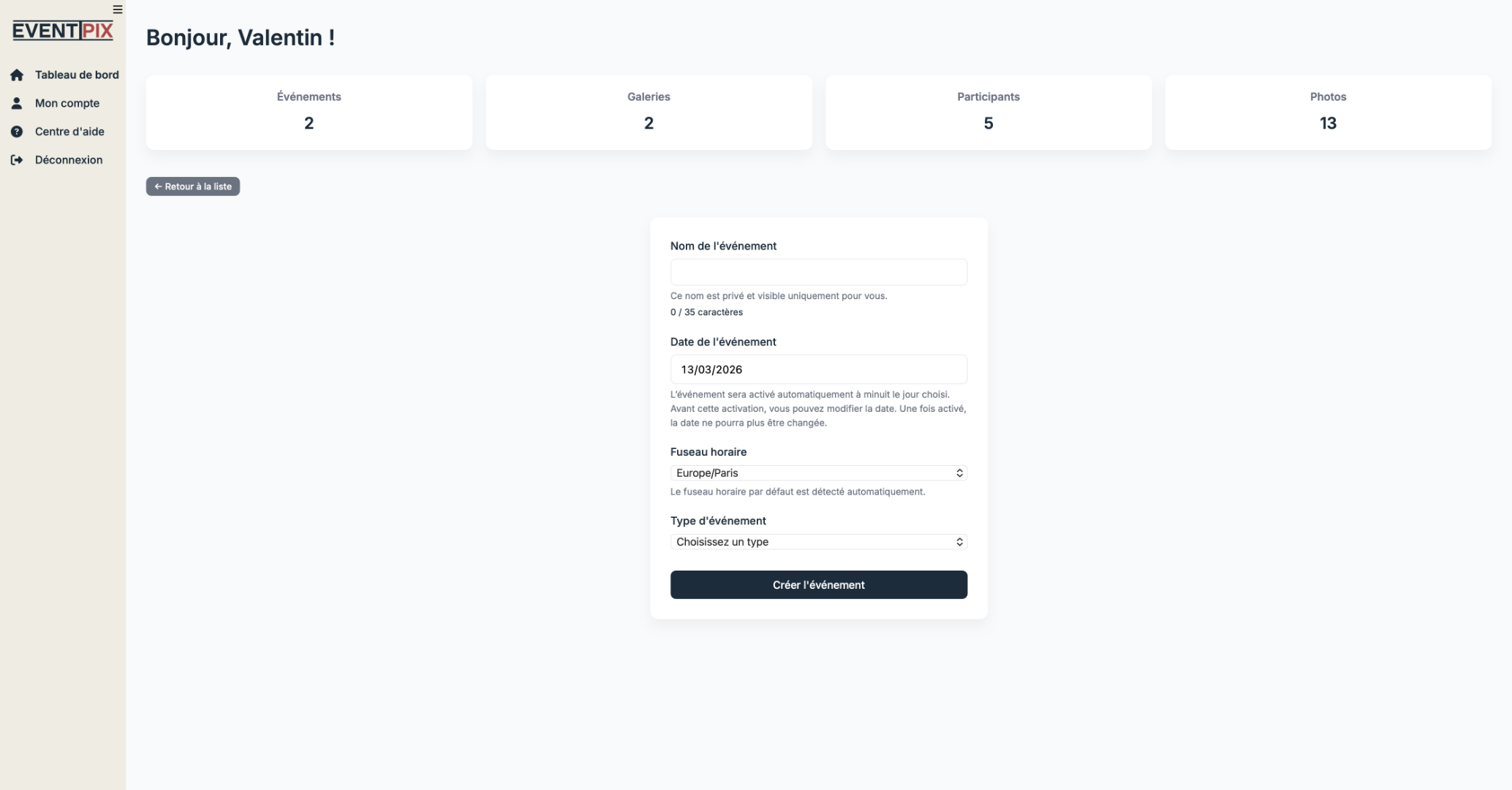 Création d'un événement sur Eventipix