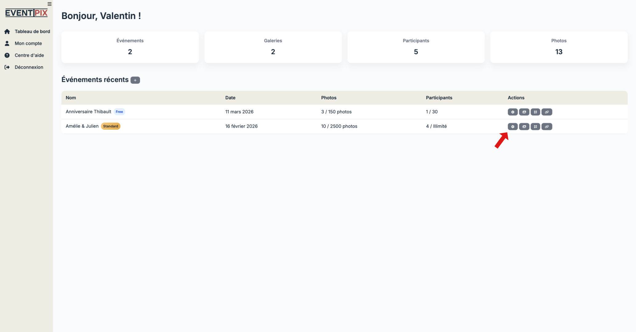 Accès aux paramètres depuis le tableau de bord